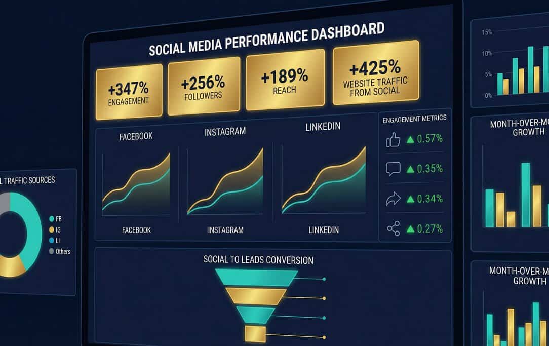 Social media performance dashboard showing 347% engagement increase, 256% follower growth, 189% reach improvement, and 425% website traffic from social