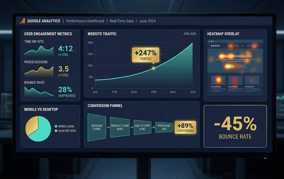 Website analytics dashboard showing 247% traffic increase, 89% conversion improvement, and 45% bounce rate reduction